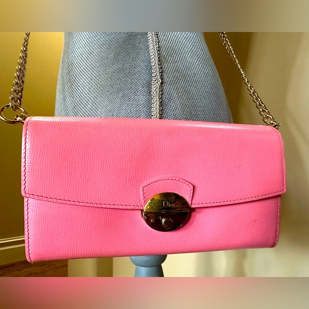 Christian Dior Pink Leather Clasp Front Long Wallet w/unbranded chain